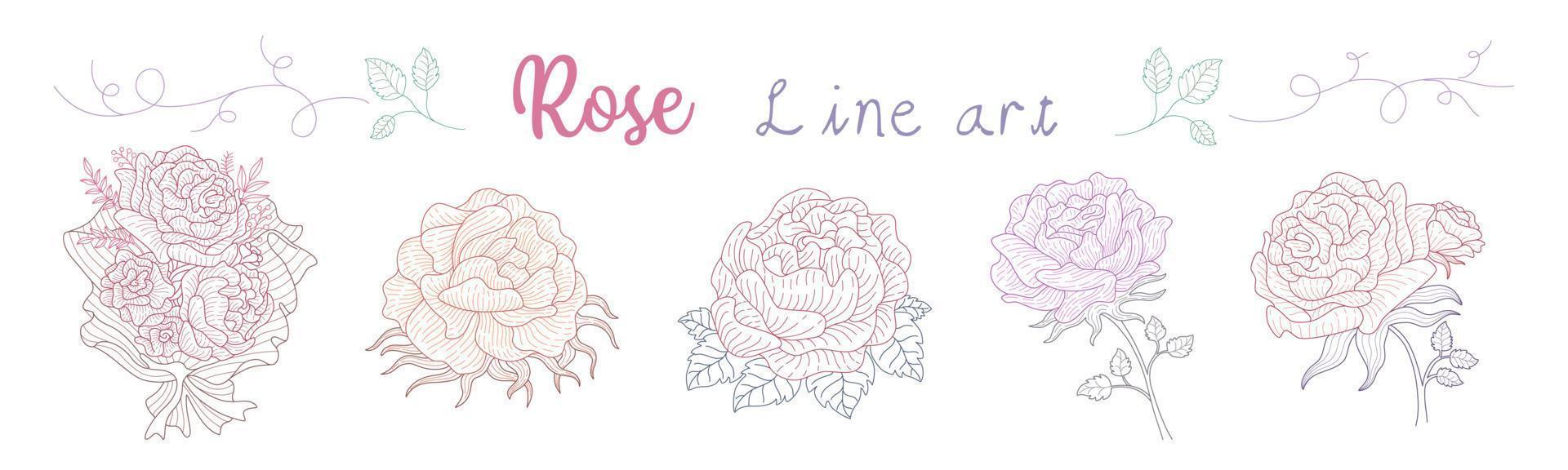 Set Vector roses line art Designed in doodle style on a white background for Valentine's theme decorations, wedding cards, digital prints, paper patterns, gifts, scrapbook, fabric patterns and more