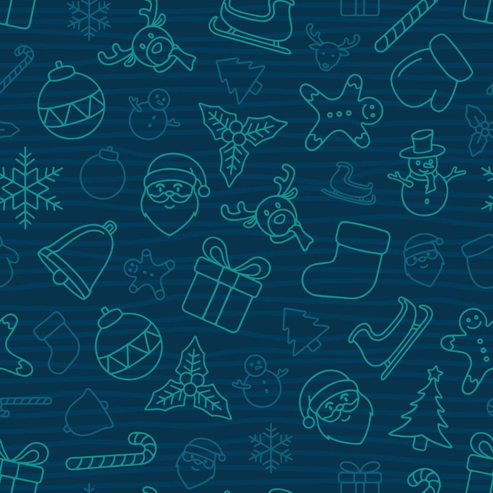 Christmas themed hand drawn seamless pattern on dark blue background vector