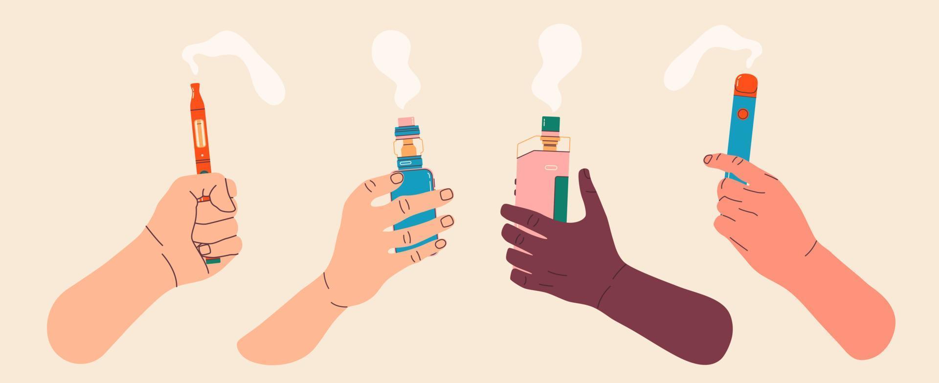 Man's hands holding vape, colorful illustrations. Electronic cigarettes and vape concept. Modern vector illustration. Variety of designs vape pens and pod mods. Flat vector design for web.