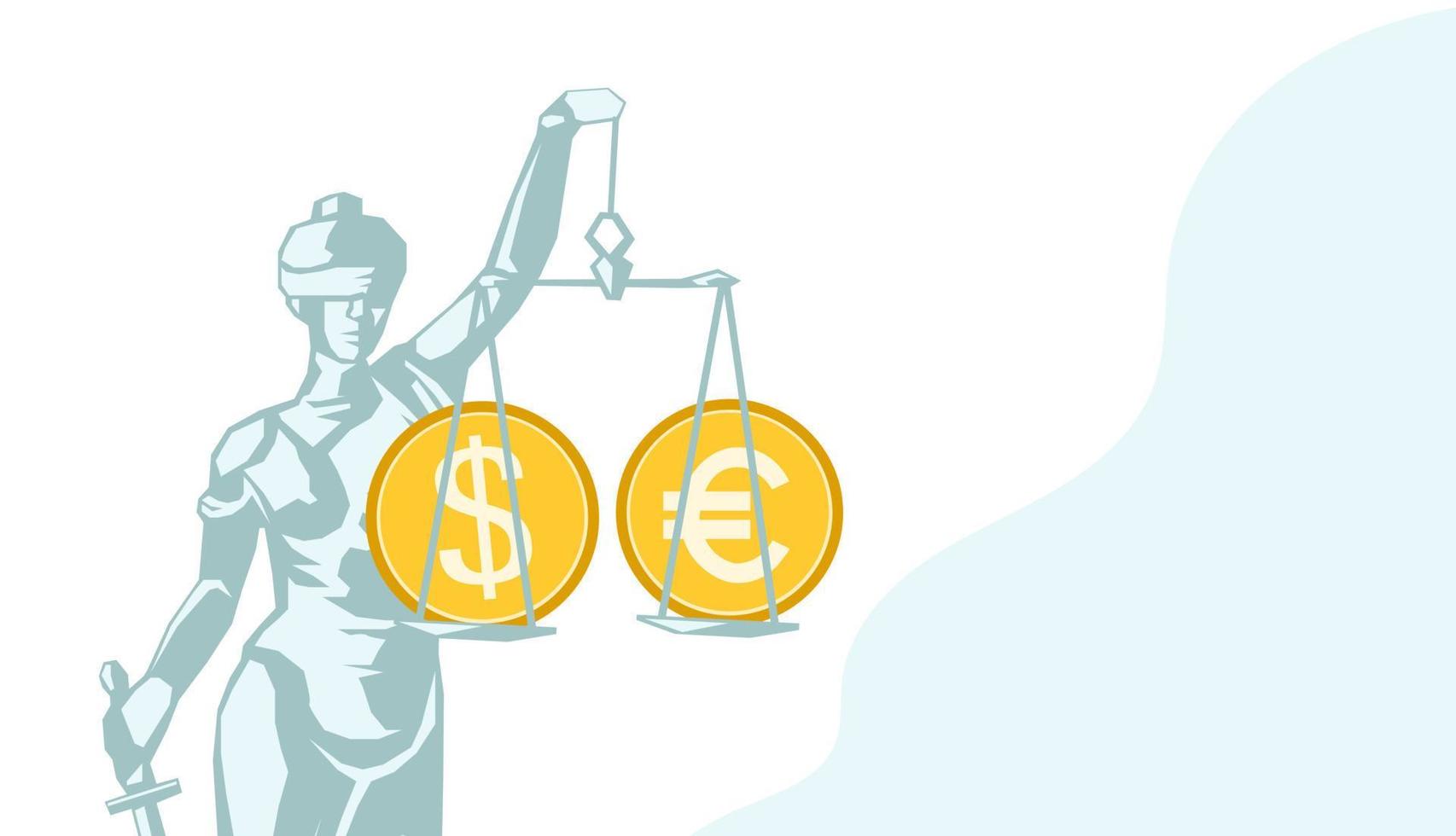 Currency on the scales of Themis. US dollar and euro euro equality symbol, exchange rate equalization concept. Vector illustration
