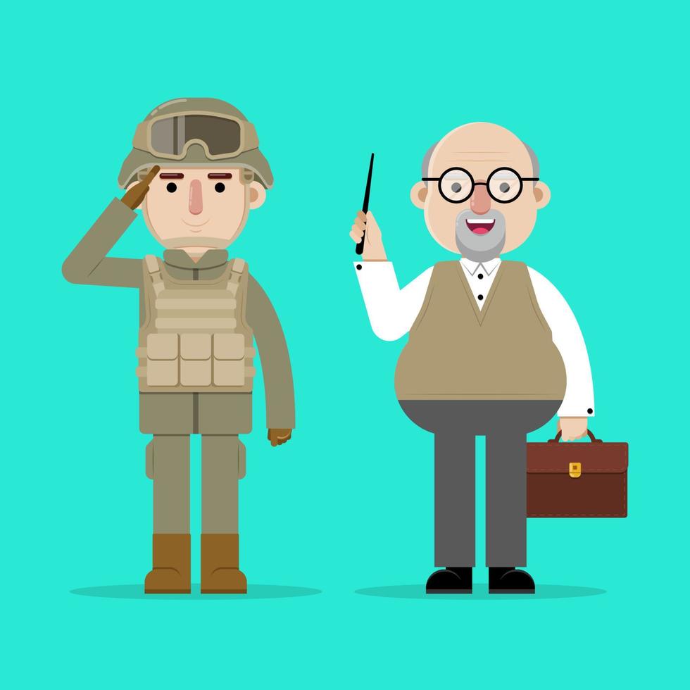 Vector illustration of a cartoon character with different professions, a teacher and a soldier.