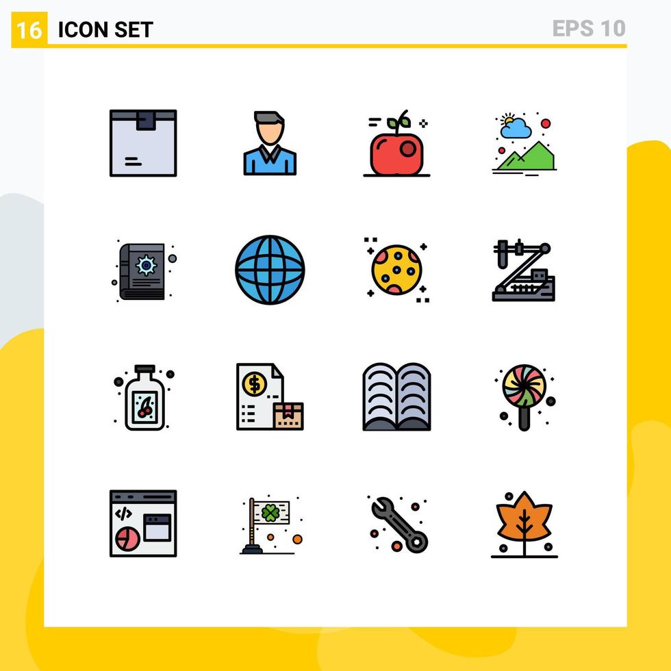 paquete de 16 líneas llenas de colores planos modernos, signos y símbolos para medios de impresión web, como la salida del sol, persona de montaña, comida rural, elementos de diseño de vectores creativos editables