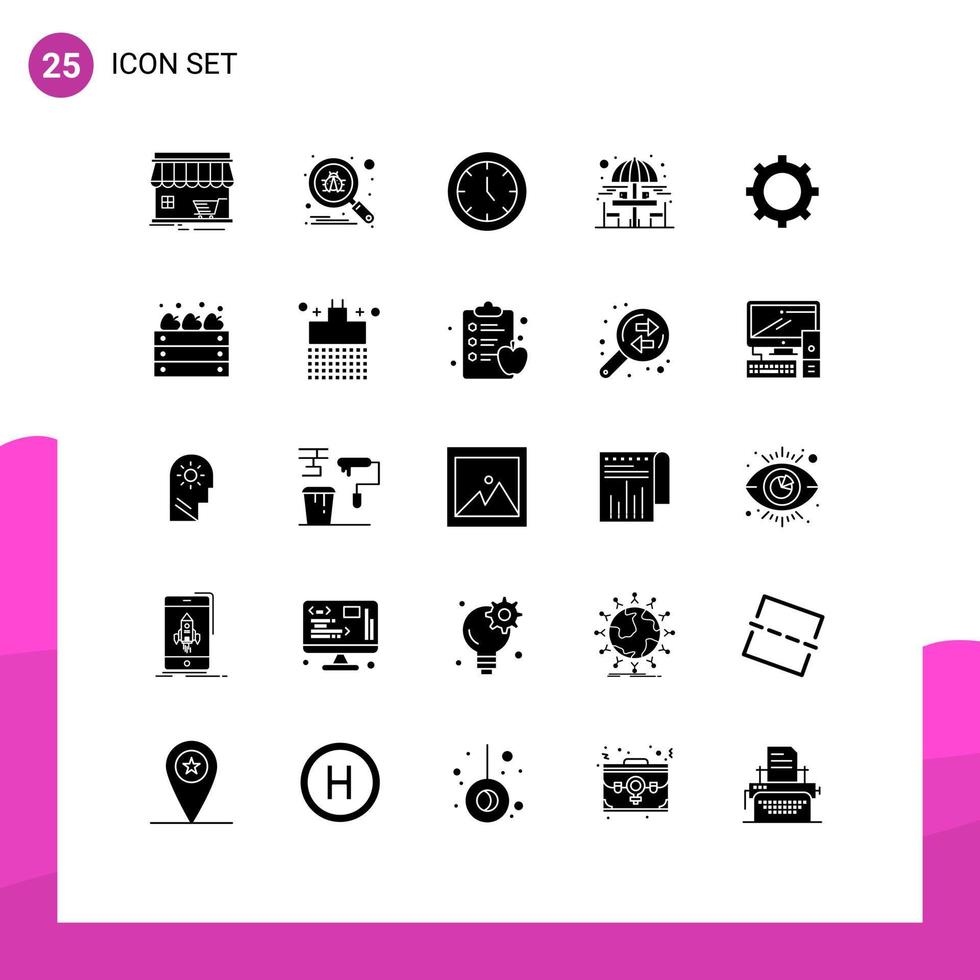 25 Solid Glyph concept for Websites Mobile and Apps cog garden secure drinking time Editable Vector Design Elements