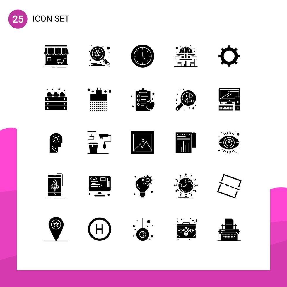 25 concepto de glifo sólido para sitios web móviles y aplicaciones cog jardín tiempo de bebida seguro elementos de diseño vectorial editables vector