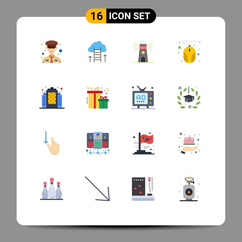 Mobile Interface Flat Color Set of 16 Pictograms of real building lighthouse mouse computer Editable Pack of Creative Vector Design Elements