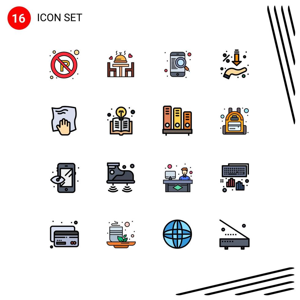 Modern Set of 16 Flat Color Filled Lines and symbols such as cleaning hand find sales arrows Editable Creative Vector Design Elements