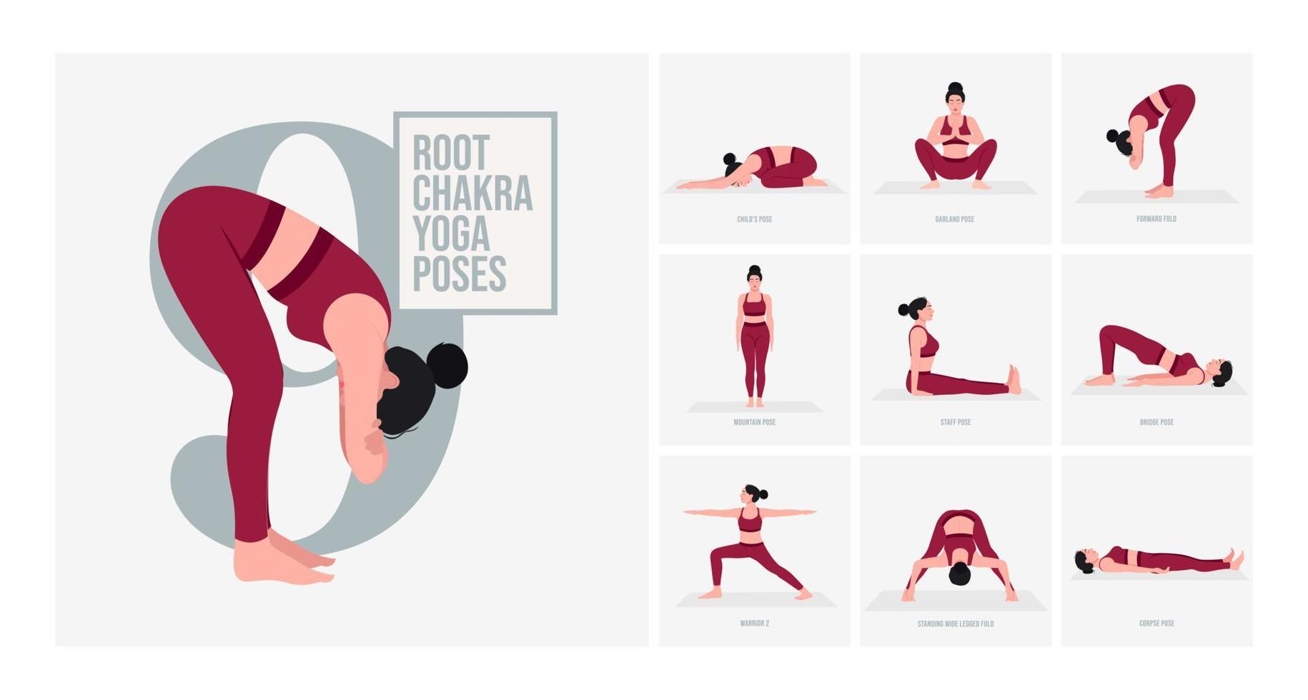 Posturas de yoga del chakra raíz. mujer joven practicando pose de yoga. mujer entrenamiento fitness, aeróbicos y ejercicios. vector