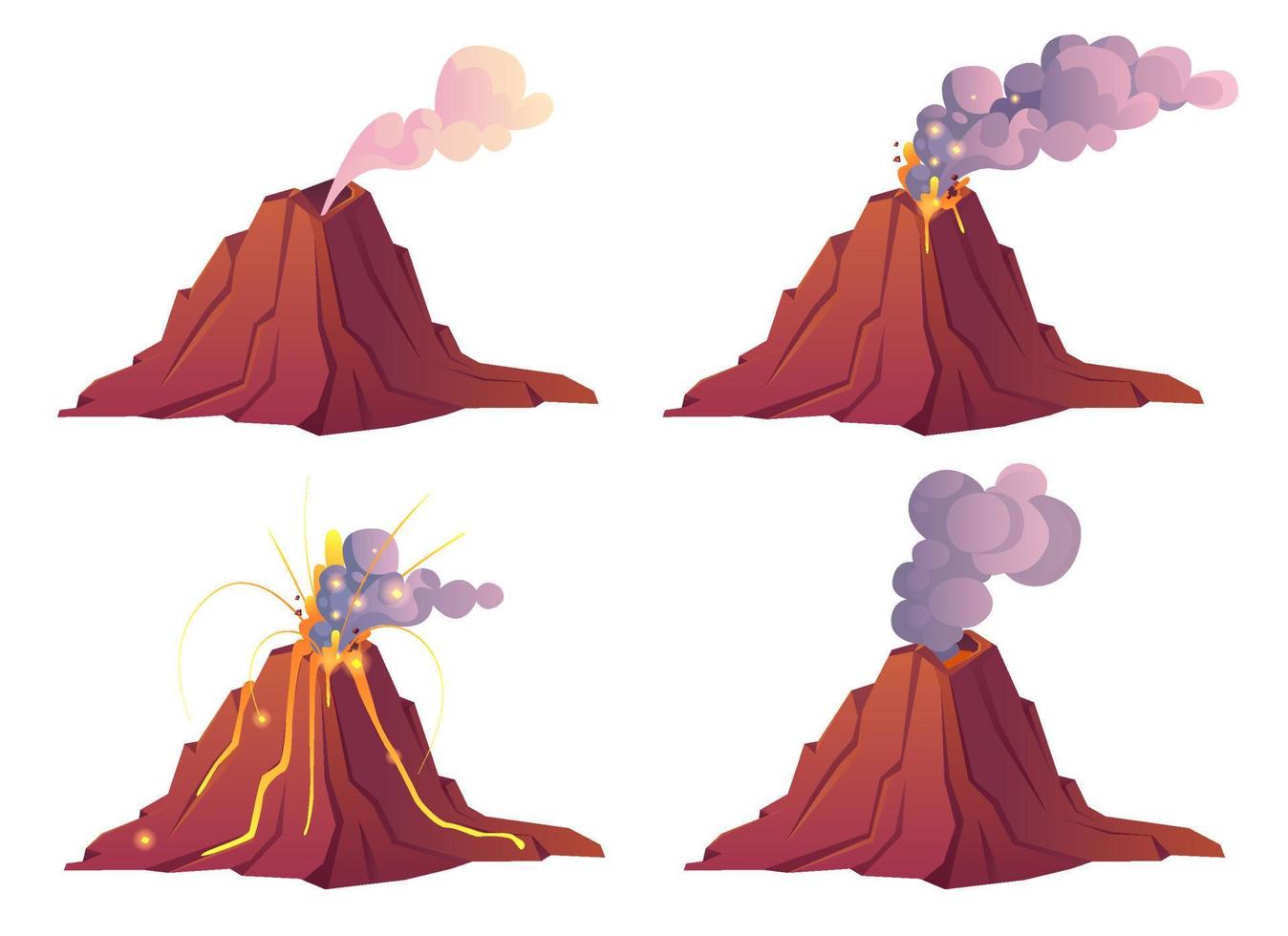 etapas de erupción volcánica con lava, fuego y humo vector