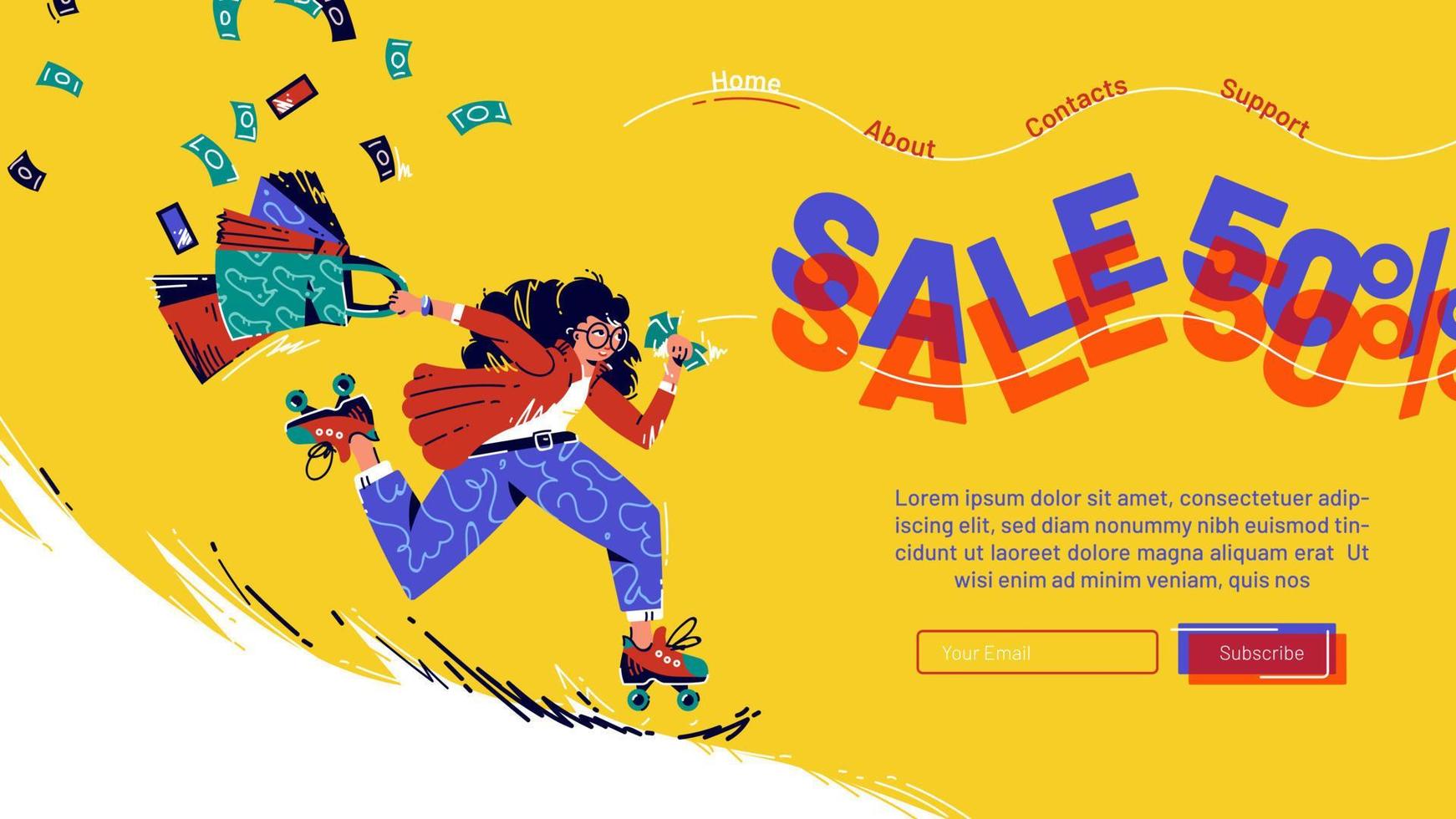 Sale cartoon landing page with running girl, ads vector