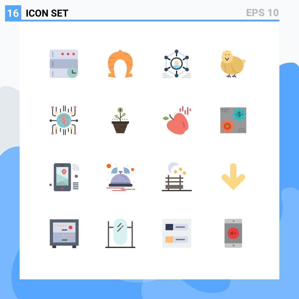 conjunto de colores planos de interfaz móvil de 16 pictogramas de crowdfund baby network equipo de pascua paquete editable de elementos de diseño de vectores creativos