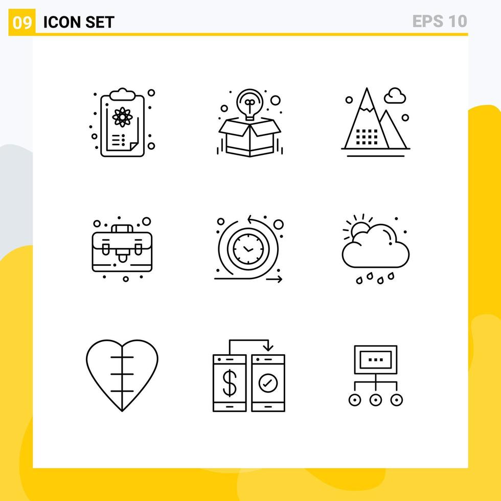 Mobile Interface Outline Set of 9 Pictograms of cycle time briefcase offer bag mountains Editable Vector Design Elements