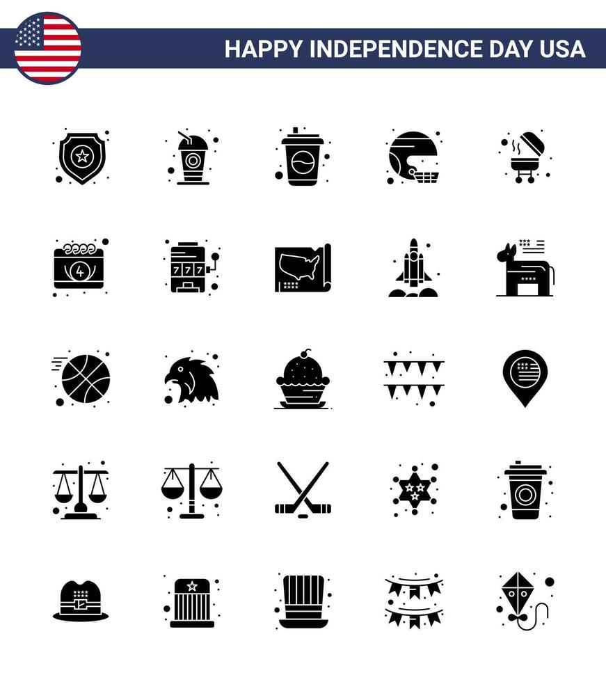 USA Independence Day Solid Glyph Set of 25 USA Pictograms of american bbq american barbecue state Editable USA Day Vector Design Elements