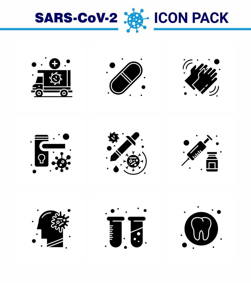Covid19 Protection CoronaVirus Pendamic 9 Solid Glyph Black icon set such as  bacteria locked pills doorknob dry viral coronavirus 2019nov disease Vector Design Elements