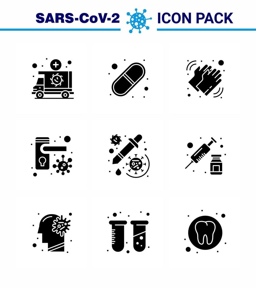 covid19 protección coronavirus pendamic 9 conjunto de iconos negros de glifo sólido como bacterias pastillas bloqueadas perilla de la puerta coronavirus viral seco 2019nov elementos de diseño de vectores de enfermedad