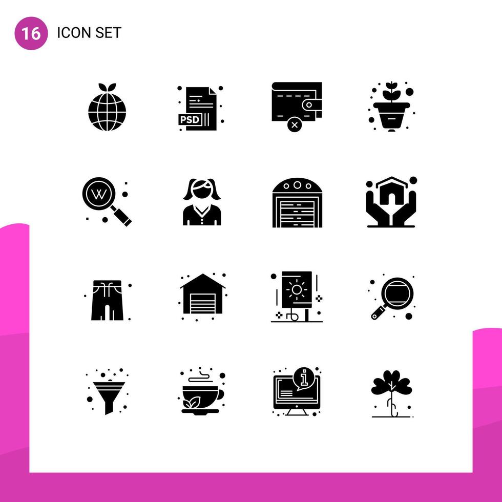 16 Thematic Vector Solid Glyphs and Editable Symbols of female seo wallet search key Editable Vector Design Elements