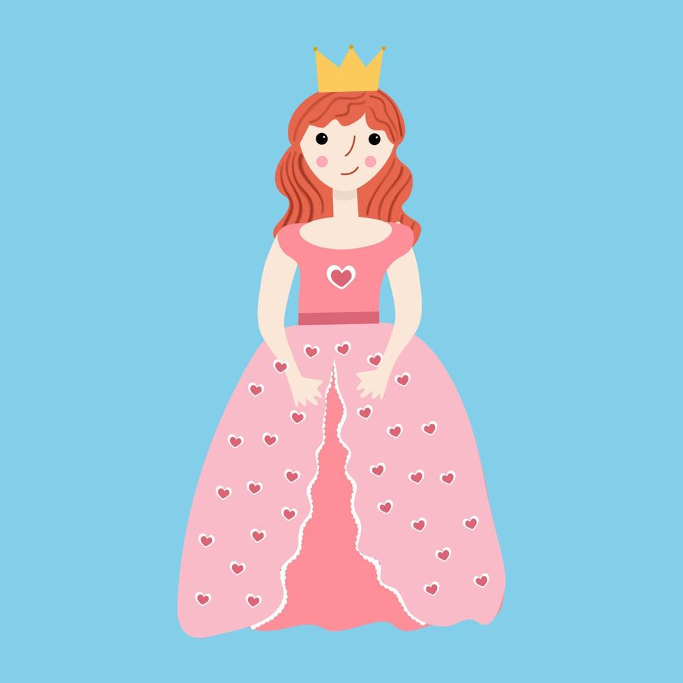 Princess in pink dress on blue background. Vector isolated image for children clothing print or clipart