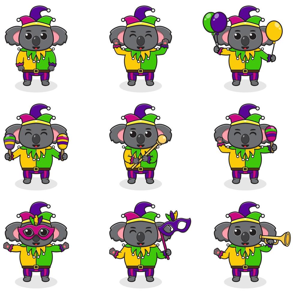 Vector illustration Koala wearing mardi gras clothes in different poses isolated on white background. A cartoon illustration of a Mardi Gras Koala . Mardi Gras jester, set.