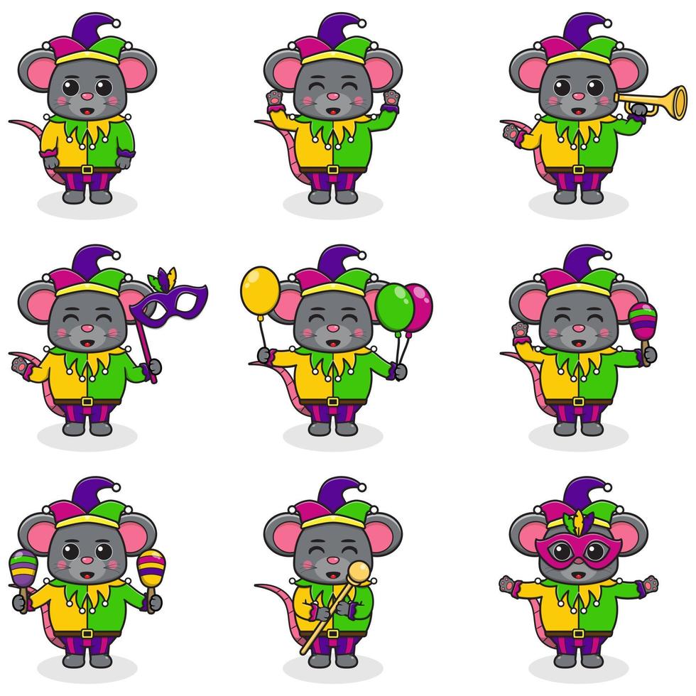 Vector illustration Mouse wearing mardi gras clothes in different poses isolated on white background. A cartoon illustration of a Mardi Gras Mouse . Mardi Gras jester, set.