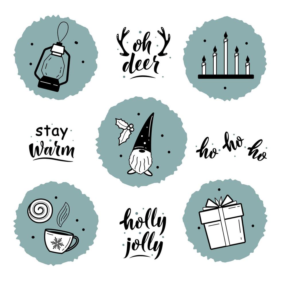 conjunto de adornos navideños y letrero de saludo con letras simples. para impresión de tarjeta, camiseta o taza, afiche, pancarta, pegatina, decoración. superposición de fotos vector de vacaciones de invierno. elementos acogedores de estilo de vida hygge