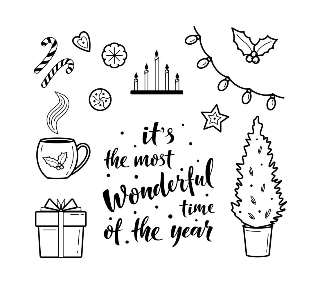 Set of hygge and christmas cozy elements. The most wonderful time sign. Winter elements for greeting cards, posters, stickers and seasonal design. Isolated on white. Winter decorations vector