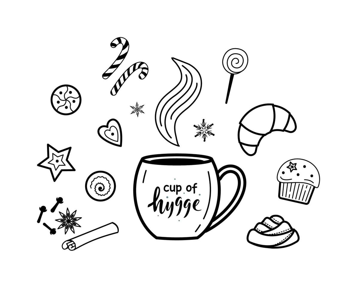 conjunto de bebidas calientes y elementos de postres. taza de higiene. café, té, chocolate caliente y postre. elementos de invierno para tarjetas de felicitación, afiches, pegatinas, interior de café, diseño de temporada. aislado en blanco vector