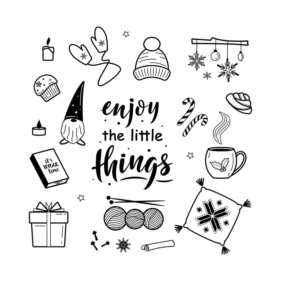 Big set of hygge lifestyle cozy elements. Enjoy the little things. Winter elements for greeting cards, posters, stickers and seasonal design. Isolated on white background. Christmas decorations vector