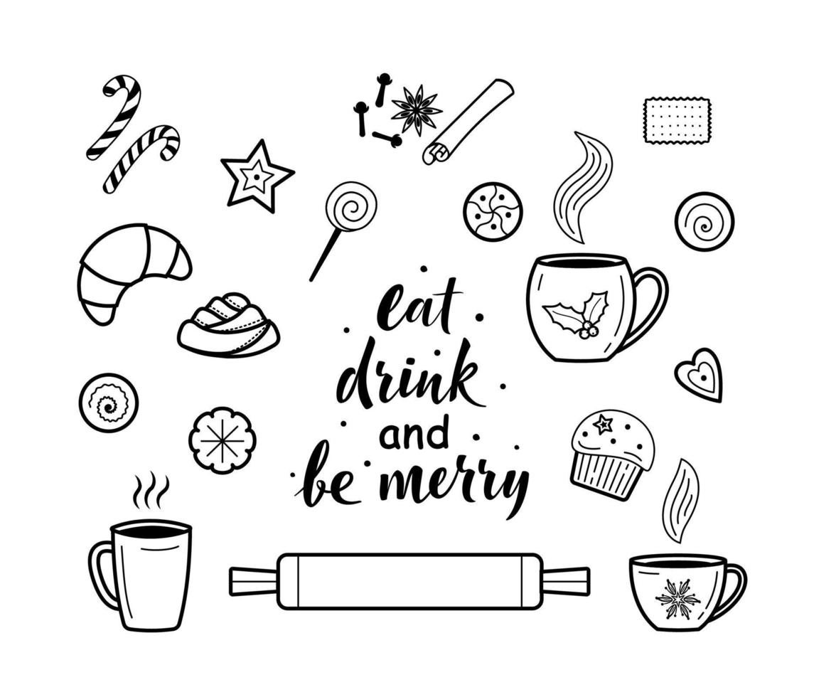 Big set of hot drinks and desserts elements. Eat, drink and be merry. Coffee, Tea and dessert Related Line Icons. For greeting cards, posters, stickers, seasonal design. Isolated on white vector