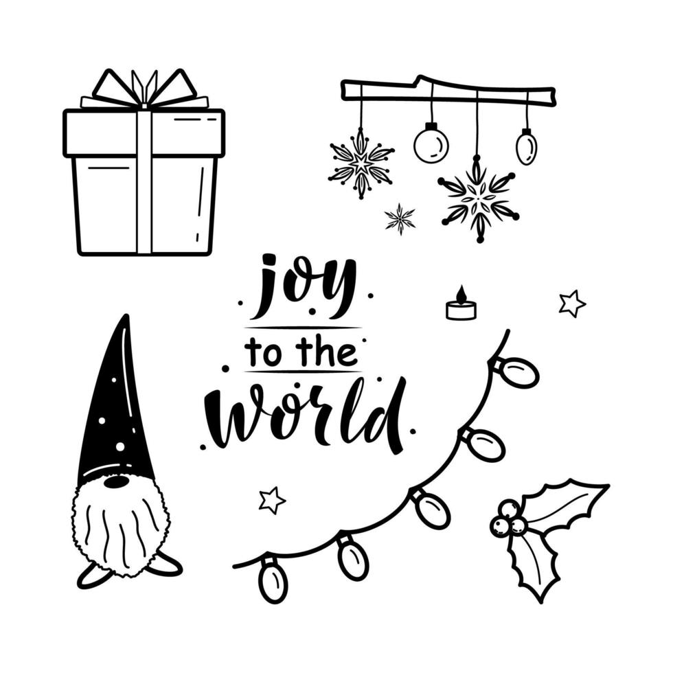 Set of hygge and christmas cozy elements. Joy to the world lettering sign. Winter elements for greeting cards, posters, stickers and seasonal design. Isolated on white background. Winter decorations vector