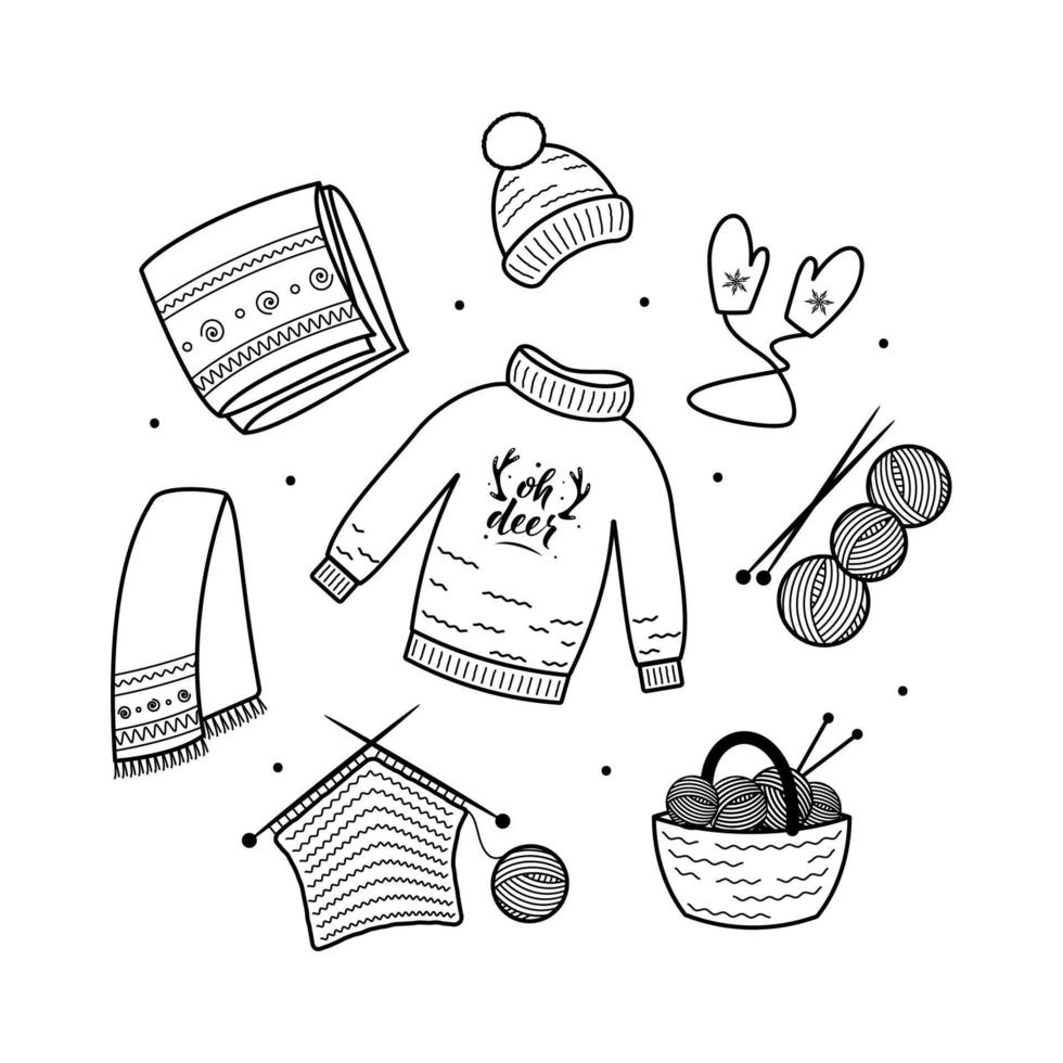 Big set of knitting elements. For greeting cards, posters, stickers, logo,  labels, tag,  seasonal design. Isolated on white. Sweater, plaid, scarf, hat, mittens, wool balls, knitting basket, needles vector