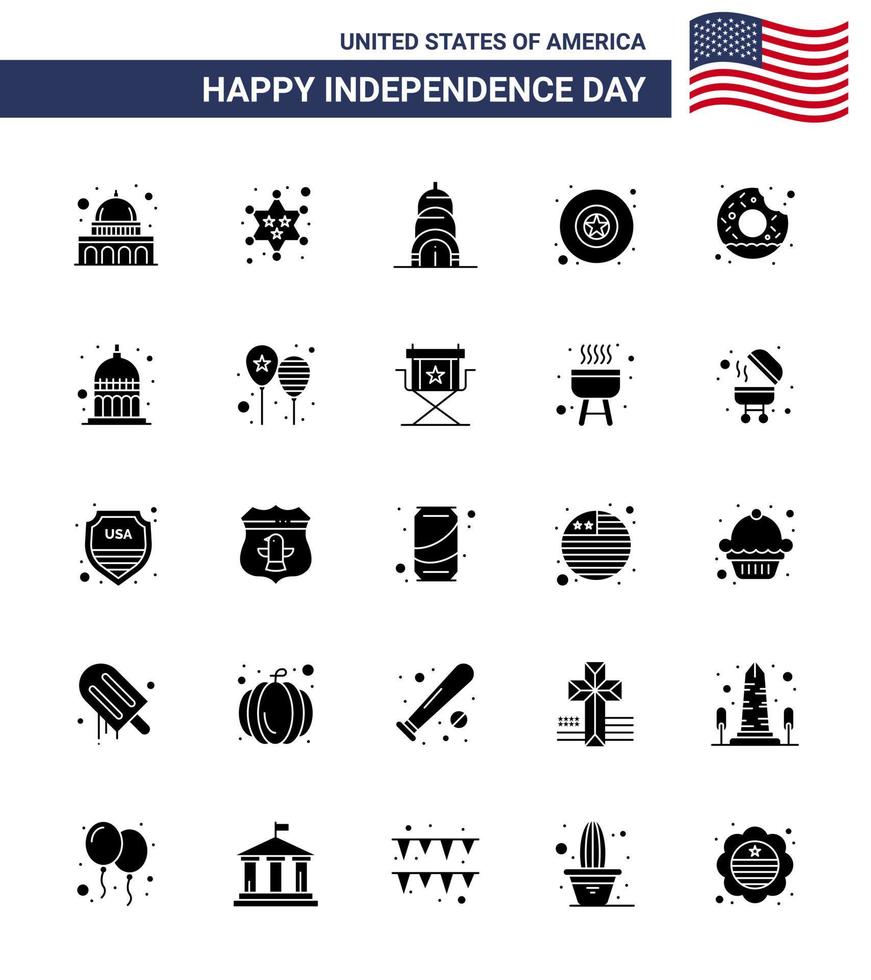 conjunto moderno de 25 glifos y símbolos sólidos en el día de la independencia de estados unidos, como comida redonda chrysler donut militar editable elementos de diseño vectorial del día de estados unidos vector