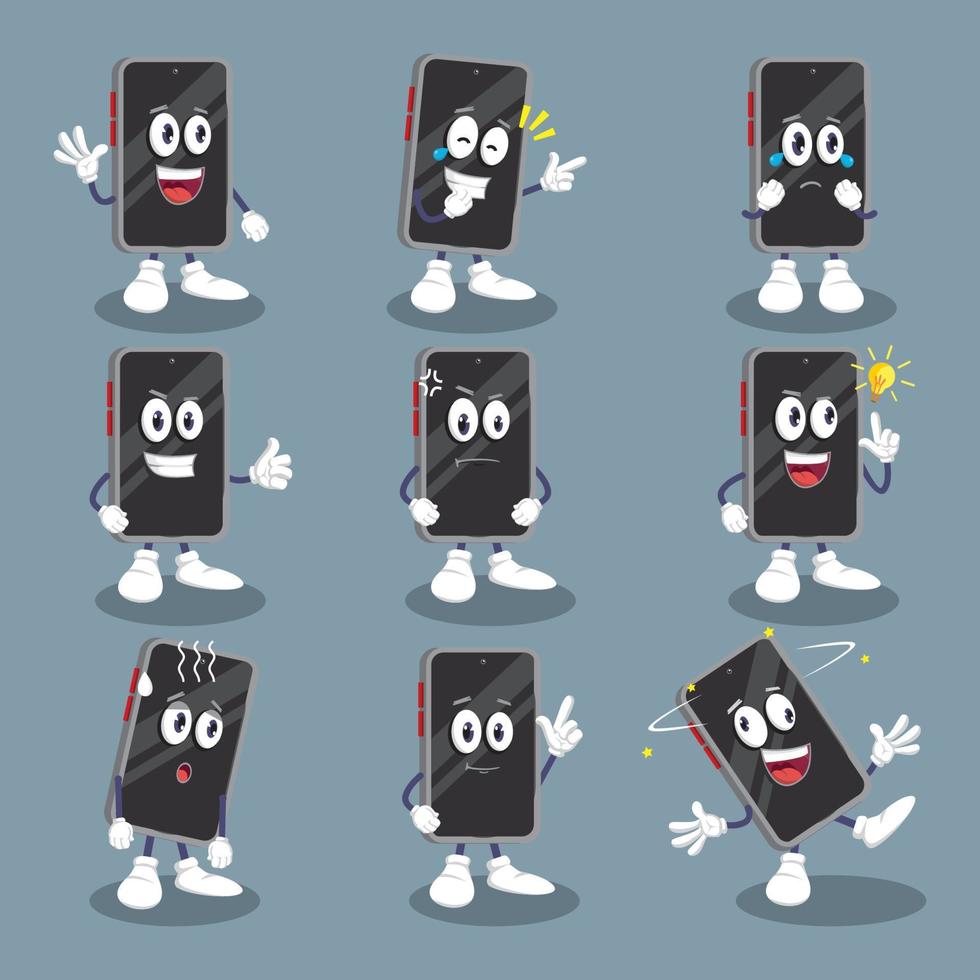 mascota de smartphone con diferentes emociones ambientadas en un vector de estilo de dibujos animados. personaje divertido ilustración de la figura. emojis de personajes emoticono de dibujos animados.
