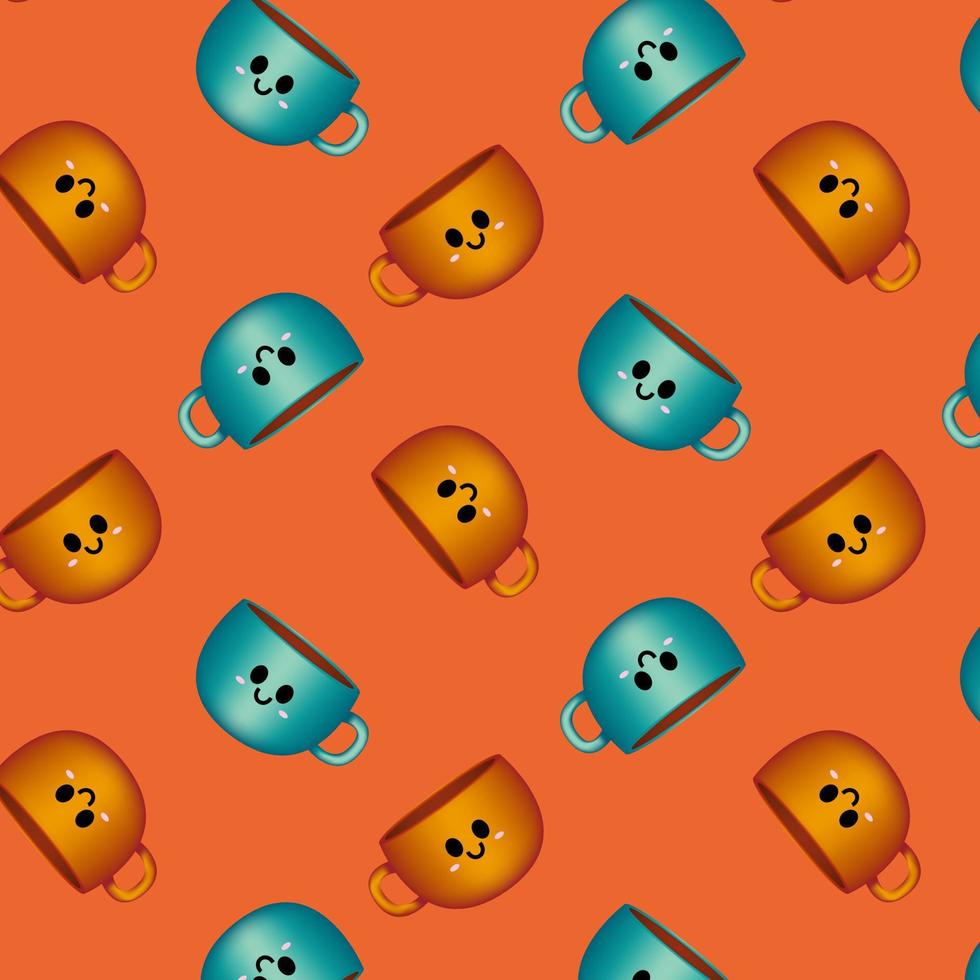 Repeating pattern of cute cartoon orange and blue cups on orange background vector