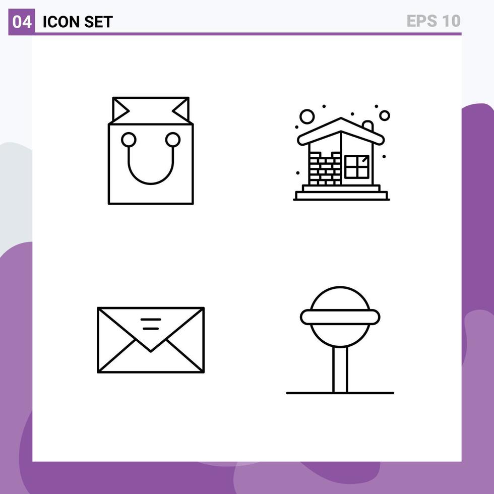 Mobile Interface Line Set of 4 Pictograms of bag envelope shopping construction mail Editable Vector Design Elements