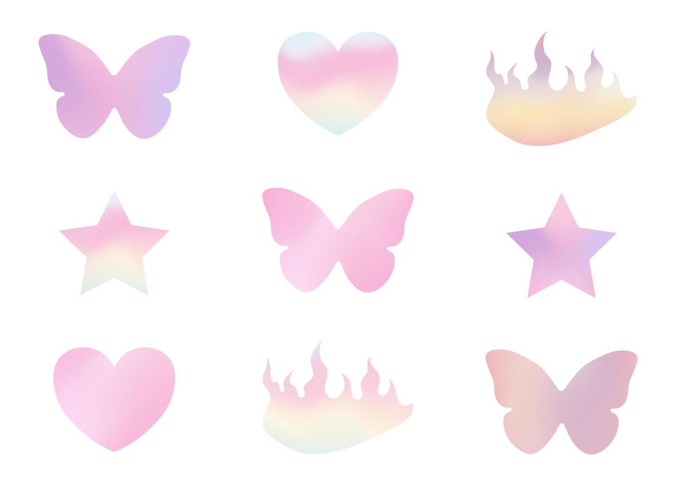 y2k trendy gradient stickers, heart, butterfly, star, flame, 90s and 2000s style, nostalgia, glamorous vector illustration