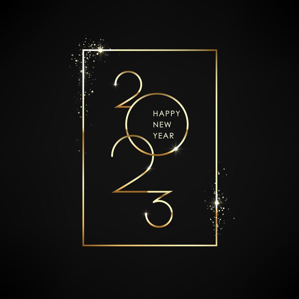 Happy New Year Business Greeting Card. Gold numbers 2023 in frame with glitter on black background. Holiday banner with elegant greeting text with glowing sparkles. Vector illustration