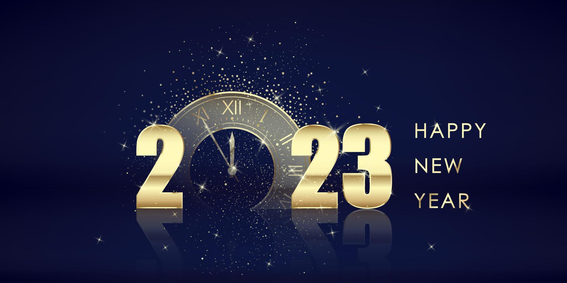 Gold 2023 numbers. Happy New Year Greeting Card. Golden clock with five minutes countdown to holiday midnight. Vector illustration