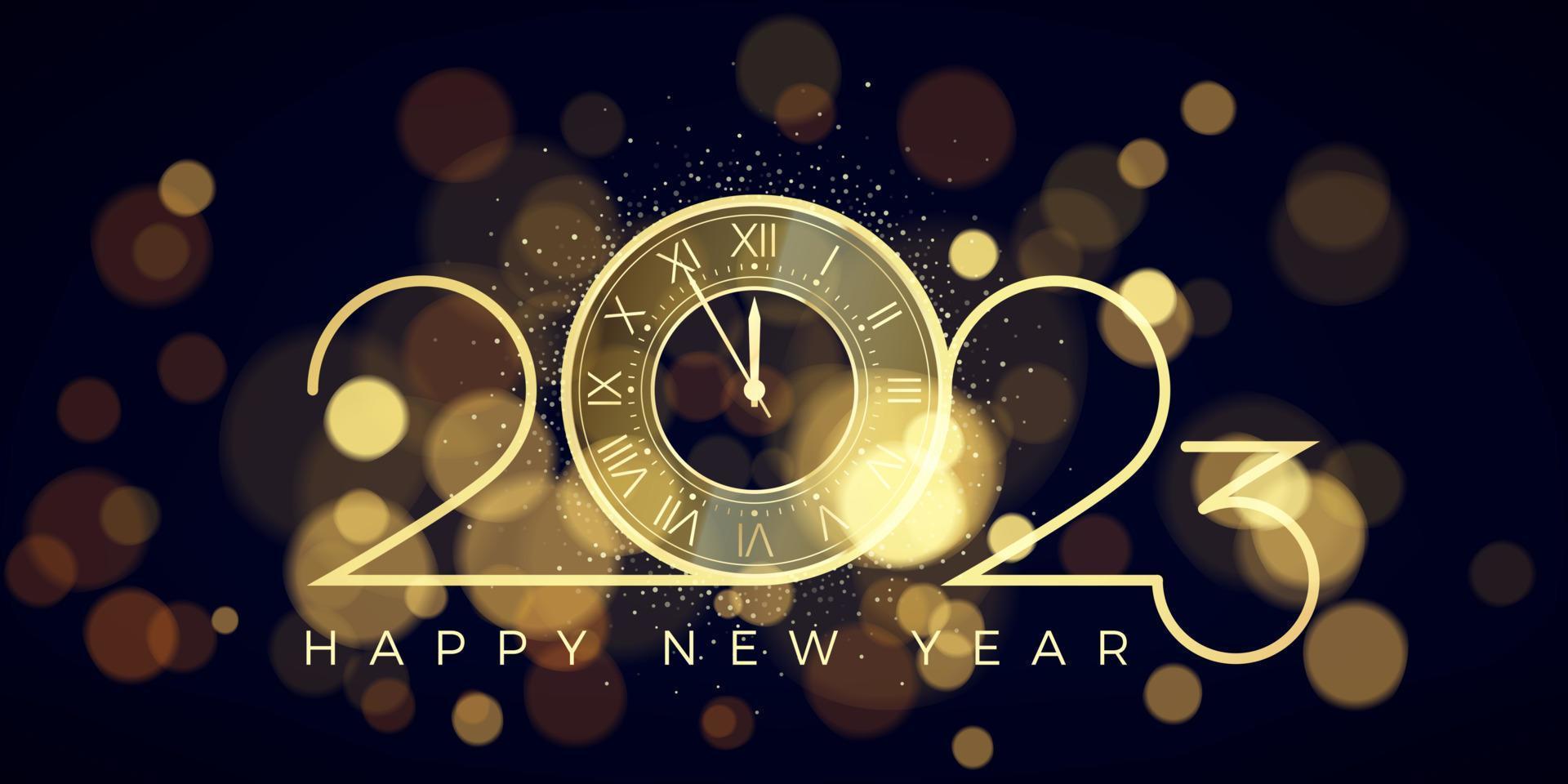 feliz año nuevo 2023. números dorados y reloj con cuenta regresiva de cinco minutos. medianoche de celebración. desenfoque de luz en el fondo de vacaciones. ilustración vectorial vector