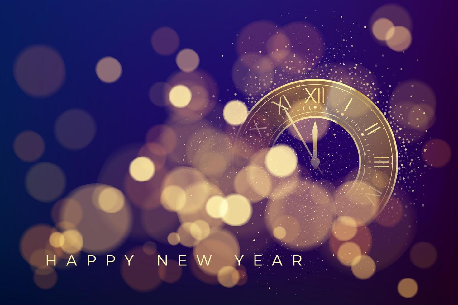 tarjeta de felicitación de feliz año nuevo. cuenta regresiva para año nuevo en el reloj. luces, destellos y efecto bokeh. ilustración vectorial vector