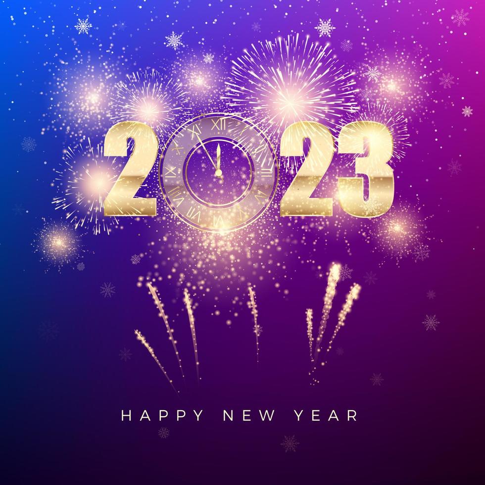feliz año nuevo 2023. banner de año nuevo con números dorados con reloj y fuegos artificiales. diseño de texto de tarjeta de felicitación. ilustración vectorial vector