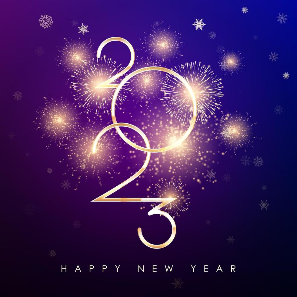 Happy New Year 2023. New Years banner with golden numbers firework and color blue and purple background vector