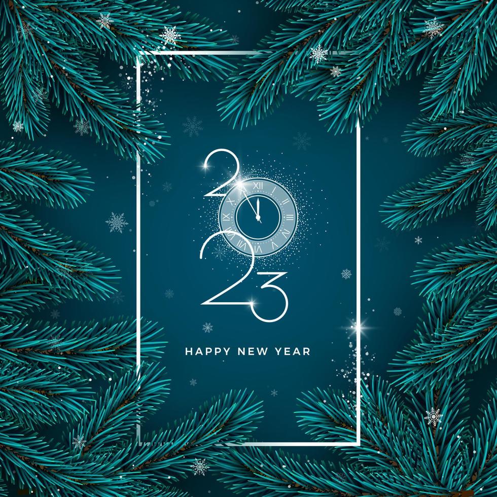 New Year Greeting Card. Clock with snow and text 2023 Happy New Year. Design of holiday invitation, banner and other template. Vector illustration