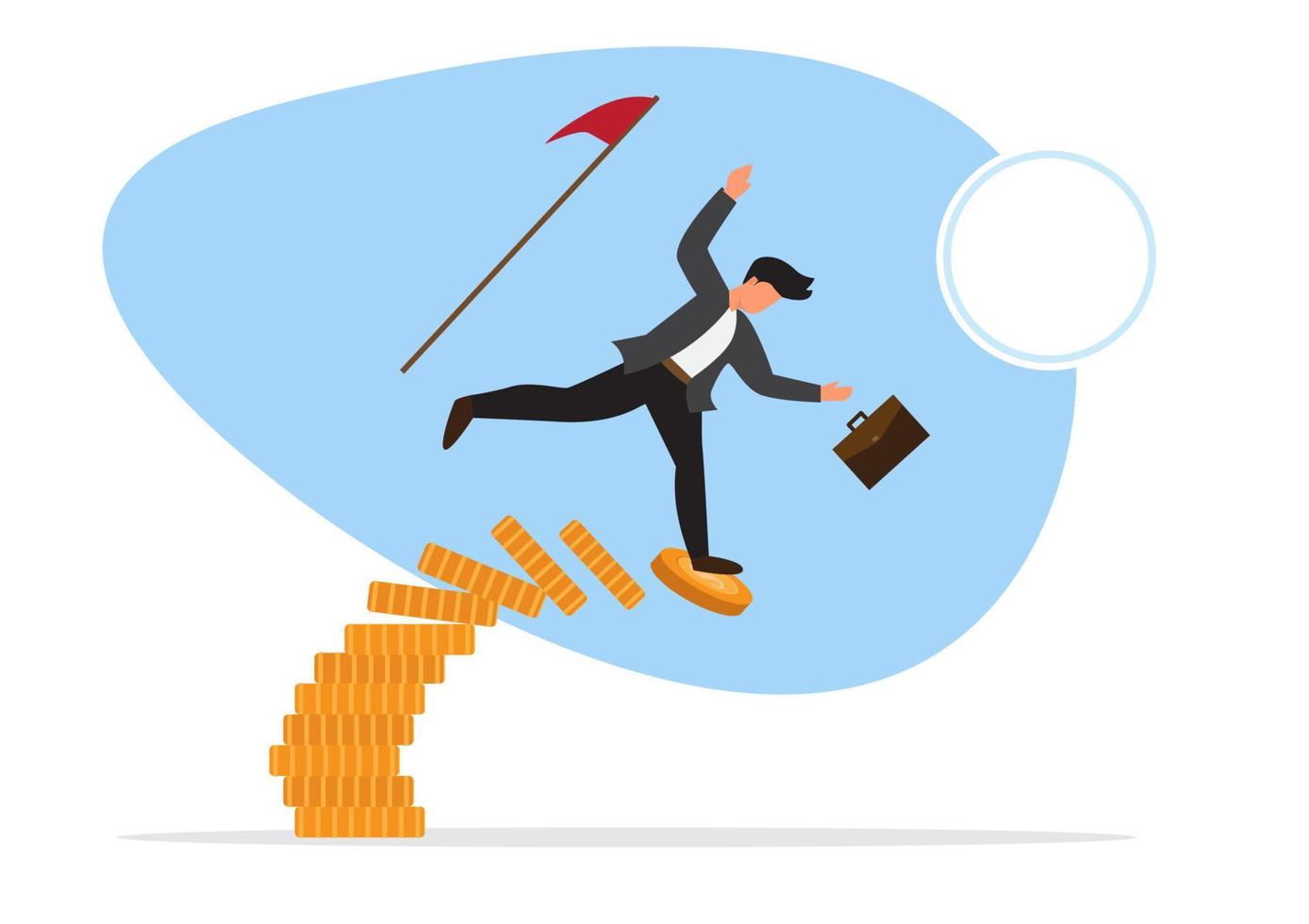 uncertain investment market risky situations or economic recession, crisis or bankruptcy Businessman investor falling from unstable pile of coins vector