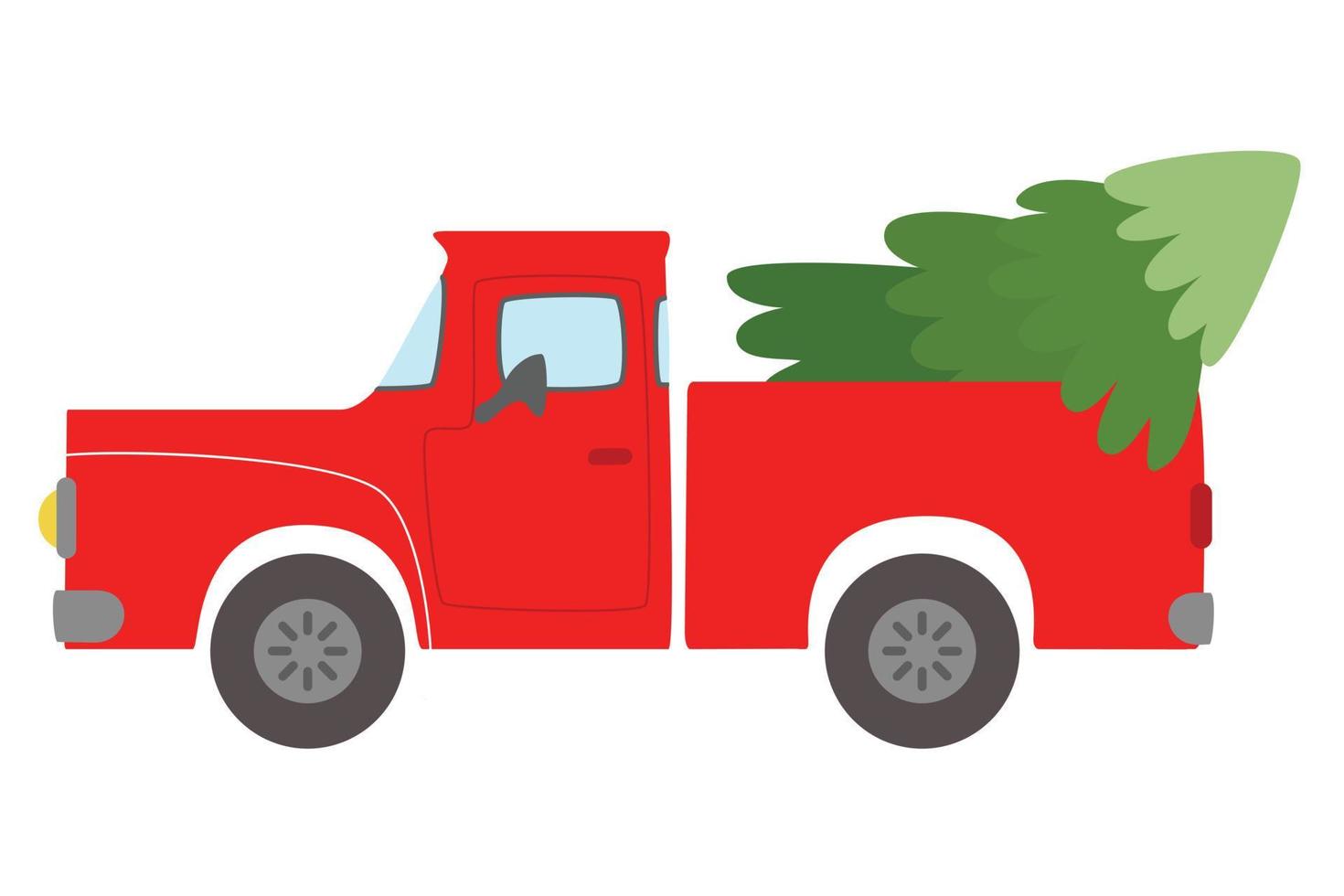 Red truck with Christmas tree. Cartoon flat style vector illustration isolated on white. Xmas or New Year letter design element.