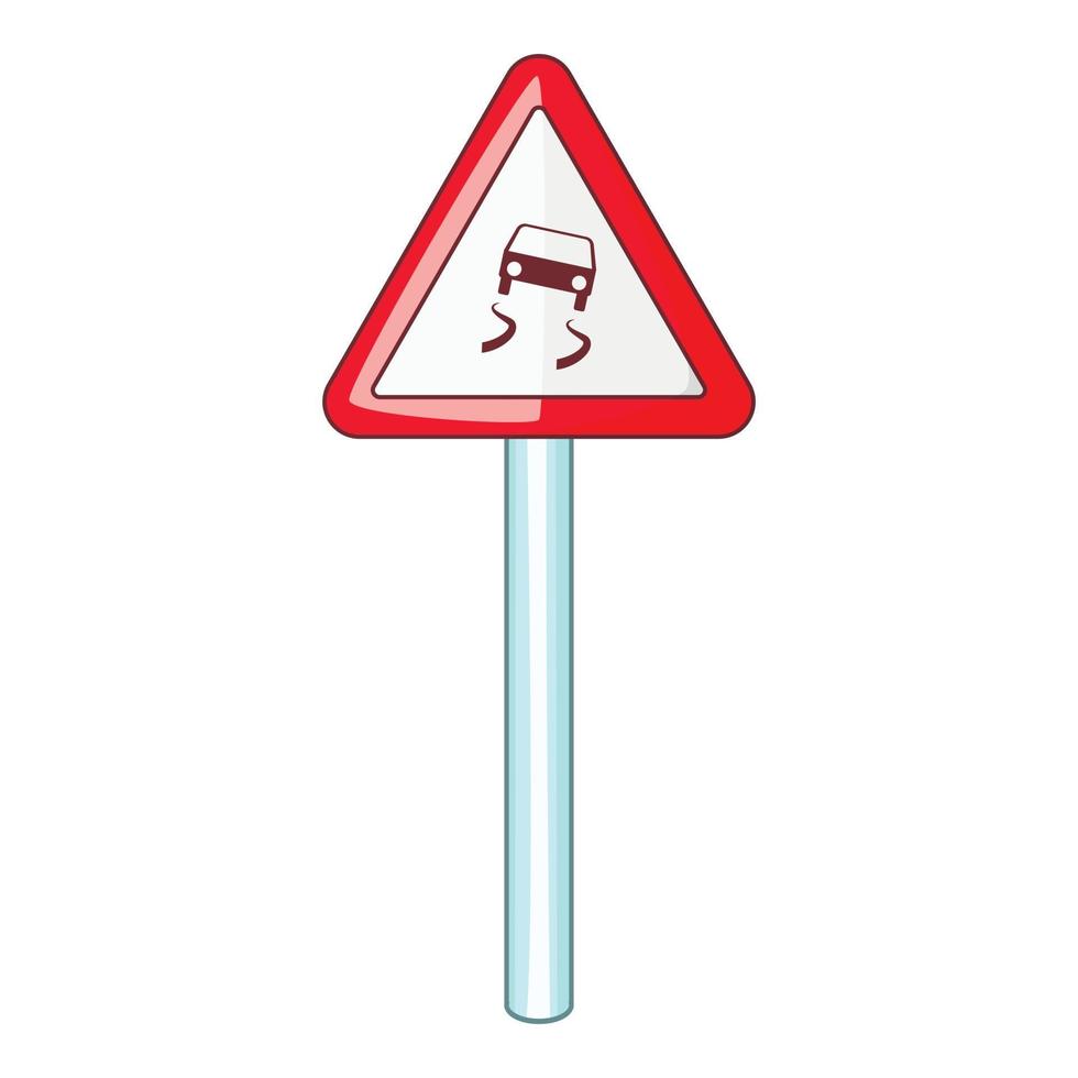 Slippery when wet road sign icon, cartoon style vector