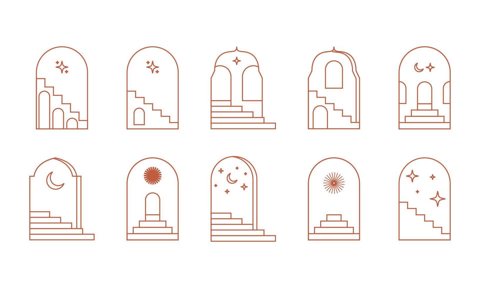 Boho arch with staircase. Minimal surreal doors with stairs. Bohemian arch with stair. Boho line arch, staircase, mystic frames. vector