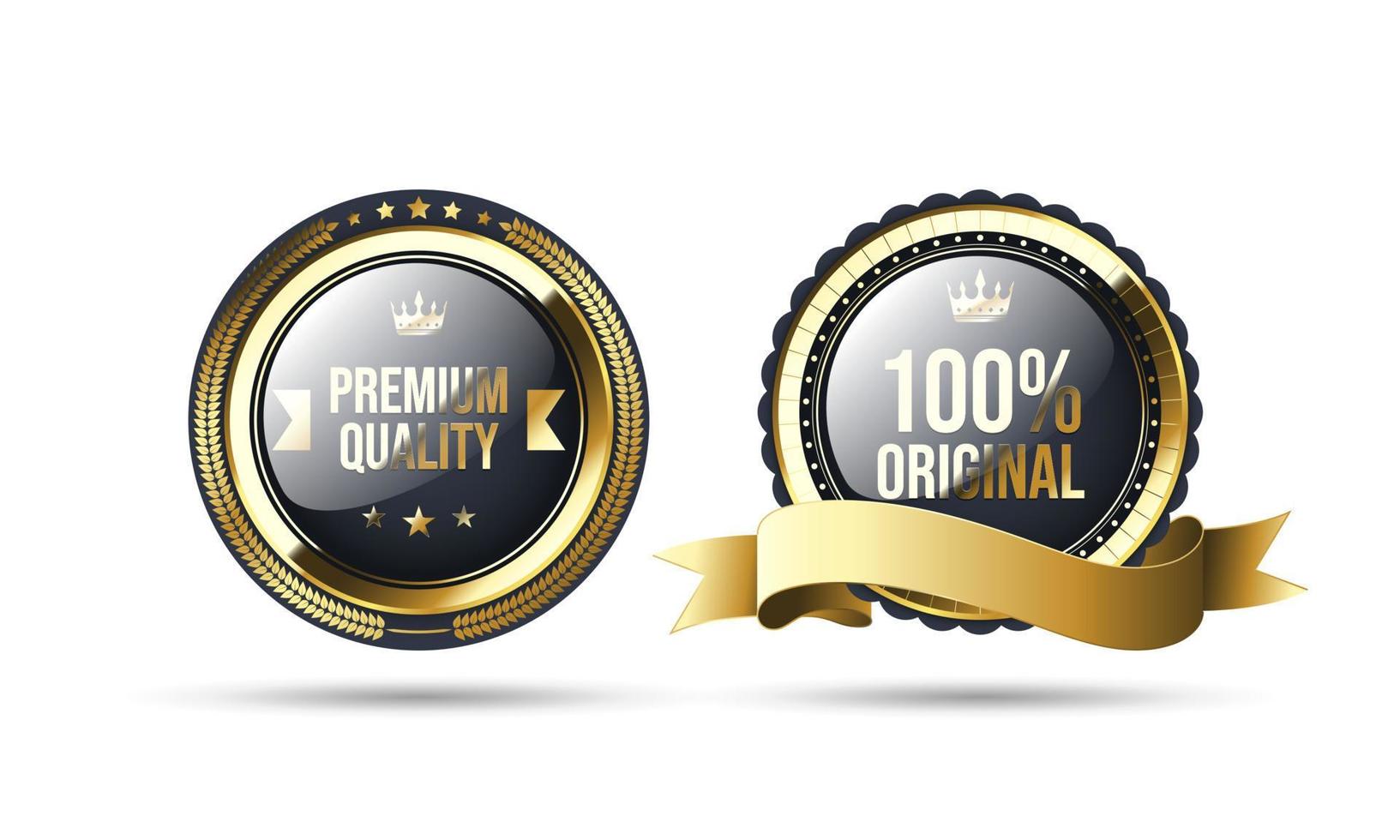 3d gold and black premium quality badge. Realistic premium warranty badge with ribbon vector
