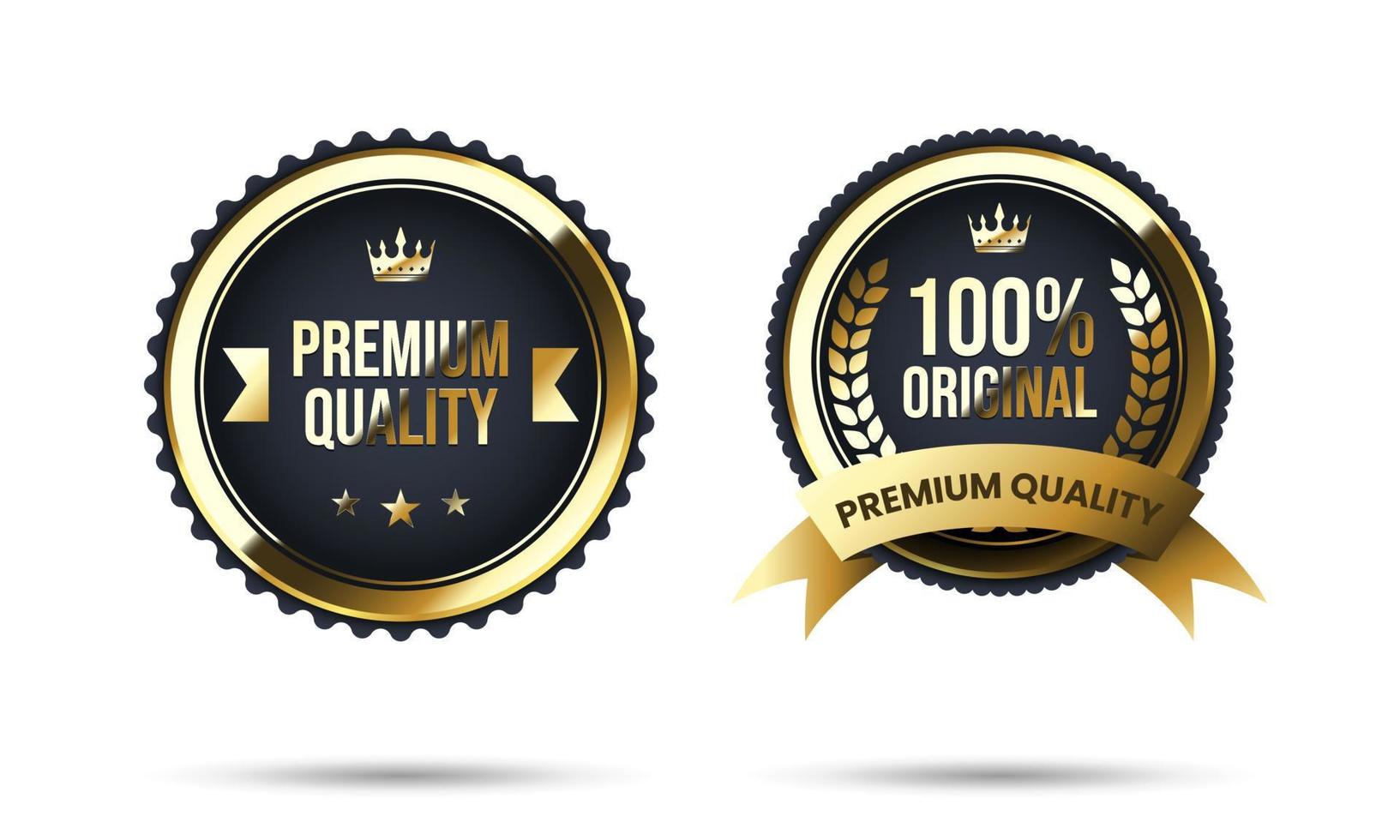 3d gold and black premium quality badge. Realistic premium warranty badge with ribbon vector