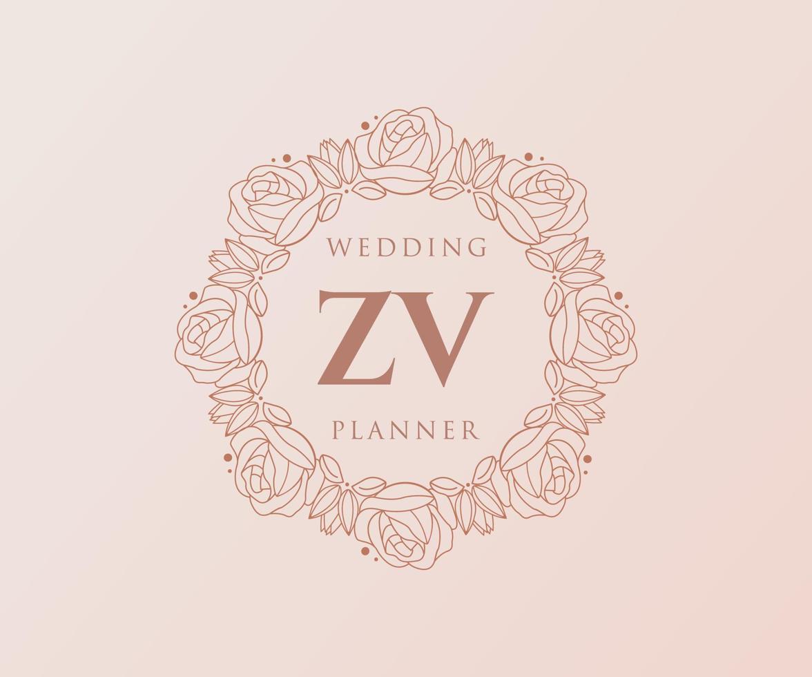 ZV Initials letter Wedding monogram logos collection, hand drawn modern minimalistic and floral templates for Invitation cards, Save the Date, elegant identity for restaurant, boutique, cafe in vector