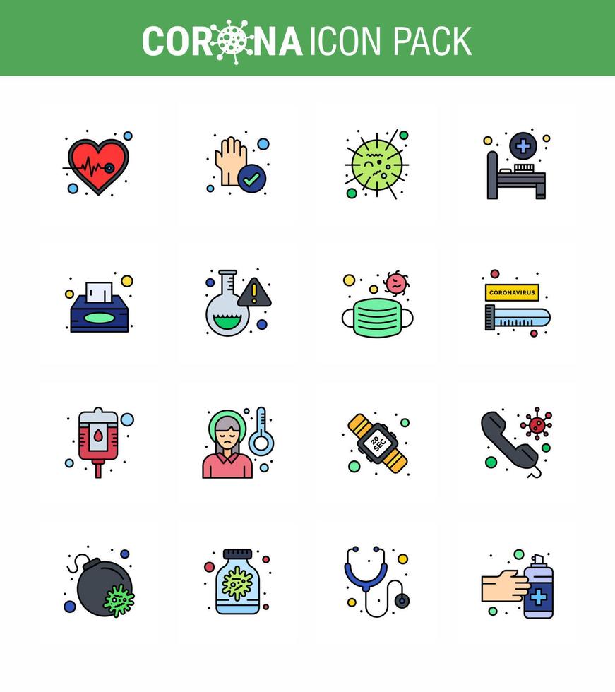 Covid19 icon set for infographic 16 Flat Color Filled Line pack such as napkin medical room flu hospital bed virus viral coronavirus 2019nov disease Vector Design Elements