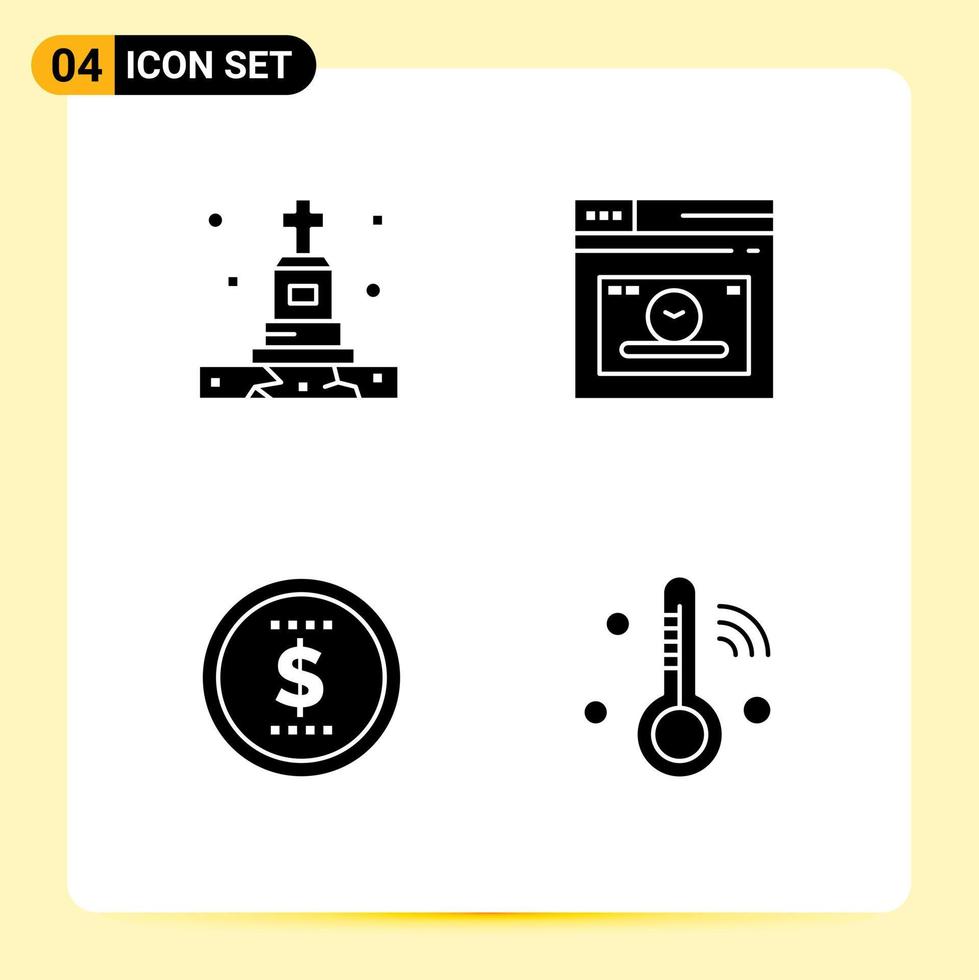 4 Universal Solid Glyph Signs Symbols of death money tomb webpage internet of things Editable Vector Design Elements